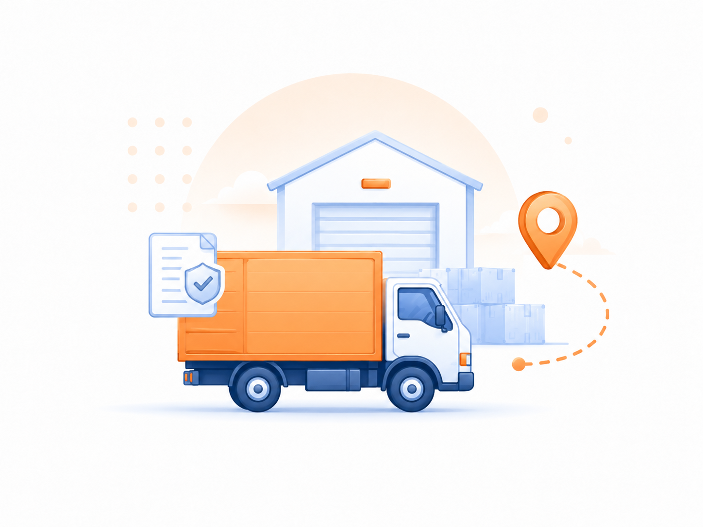 Simple customs and delivery illustration with document, truck and warehouse.