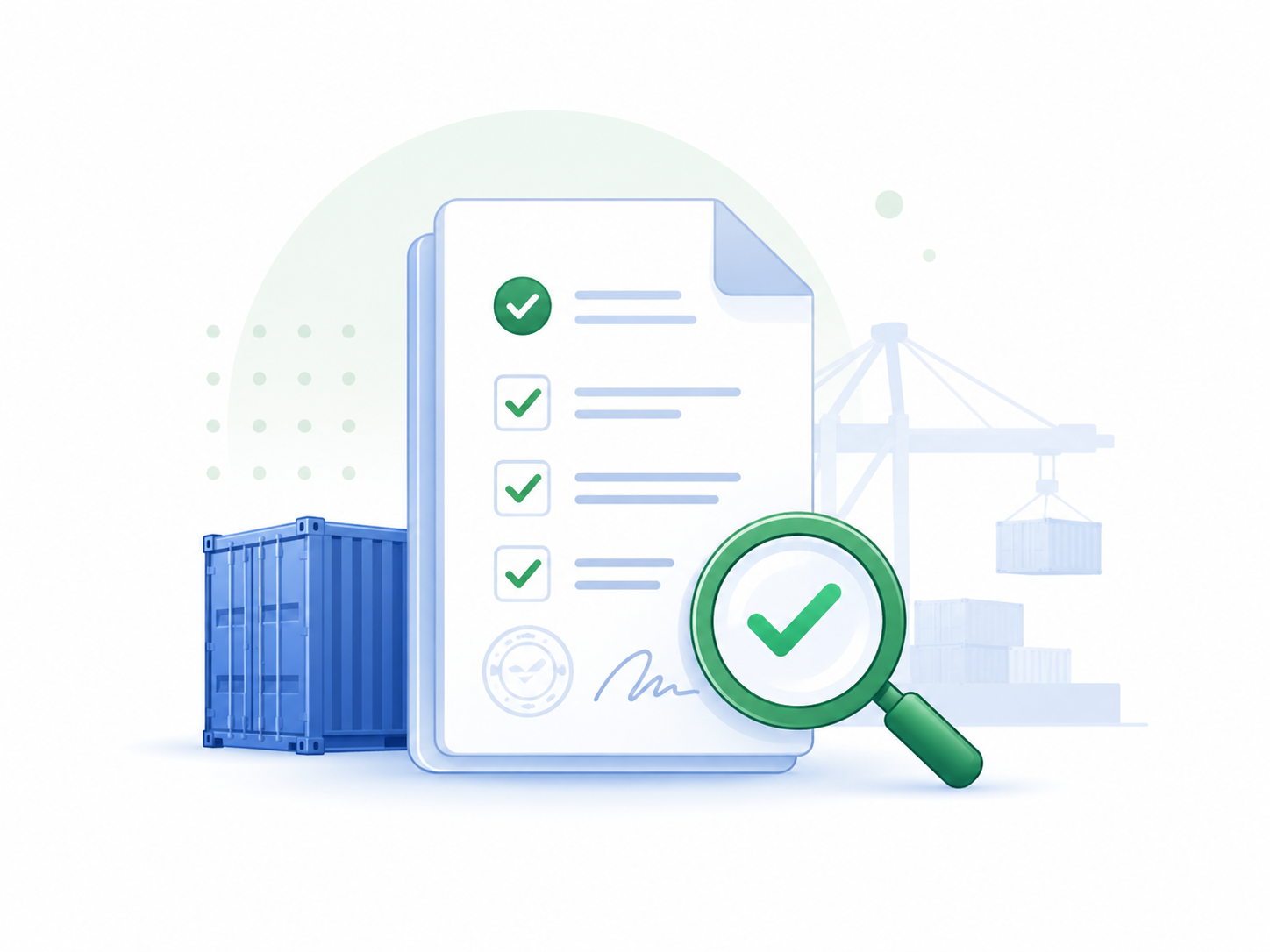 Simple customs clearance illustration with approved document and container.