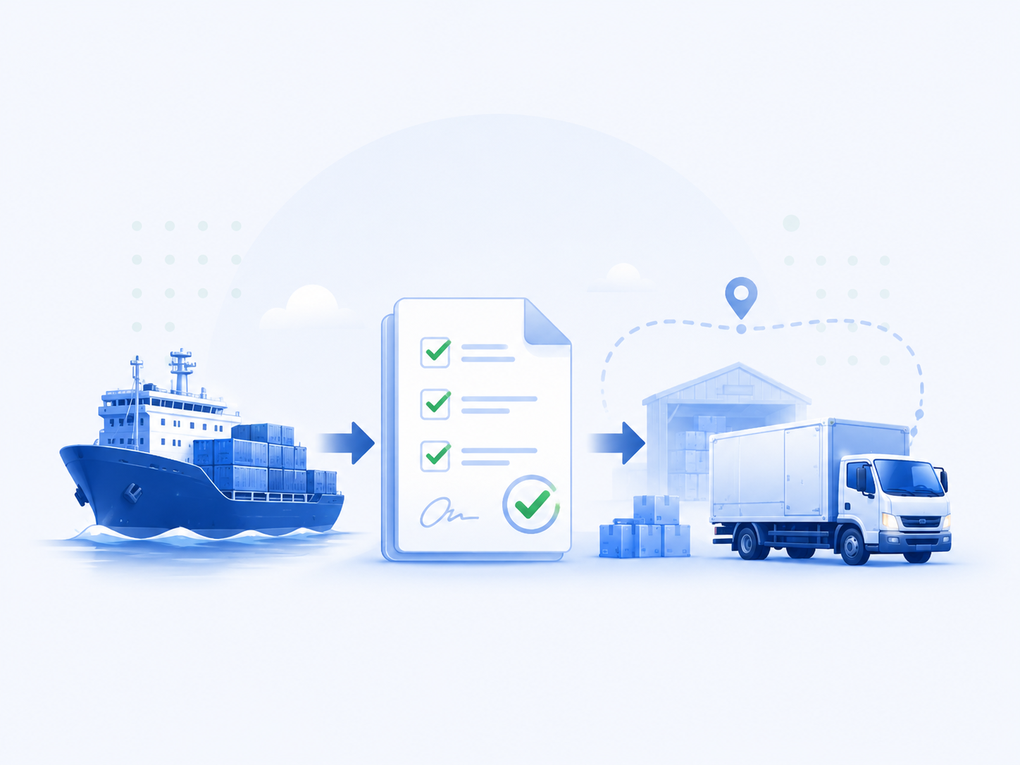 Simple full process illustration for shipping, customs and delivery.